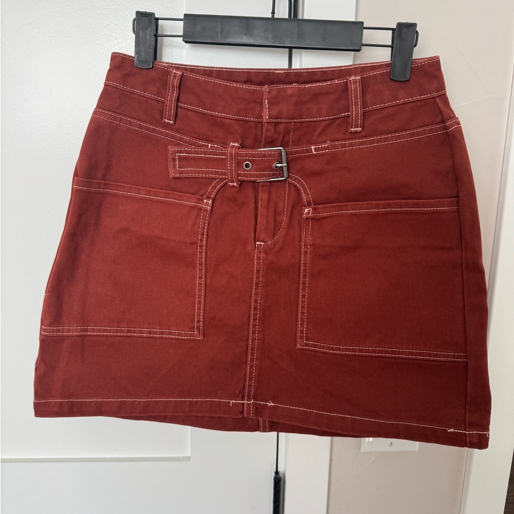 Belted Rust Utility Mini Skirt with Front Patch Pockets